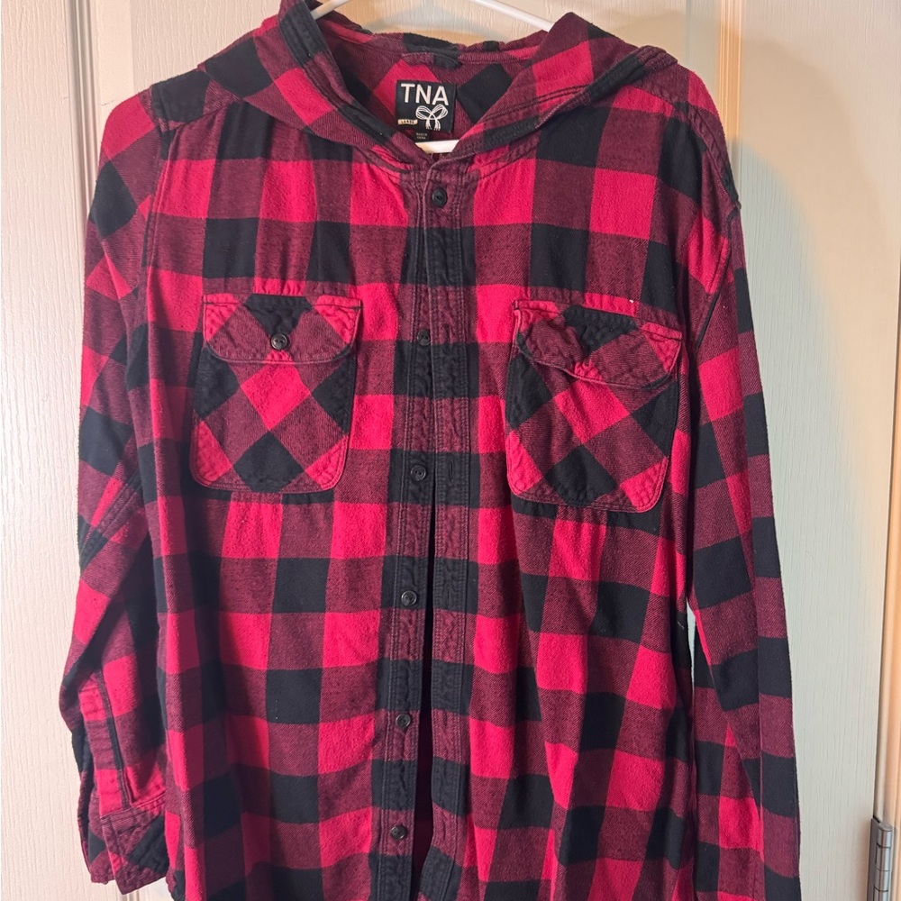 TNA Red & Black Plaid Hooded Button-Front Shirt